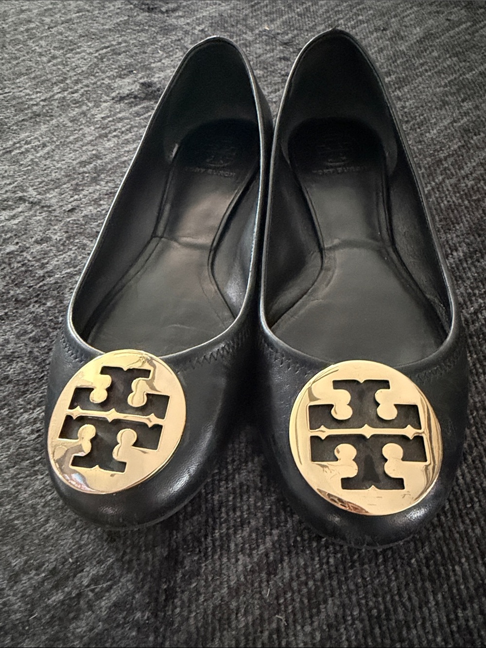 Tory Burch Black Leather Ballet Flats with Gold Logo Discs
